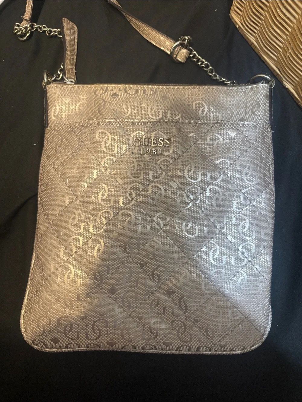 GUESS Quilted Monogram Crossbody Bag - Metallic Taupe